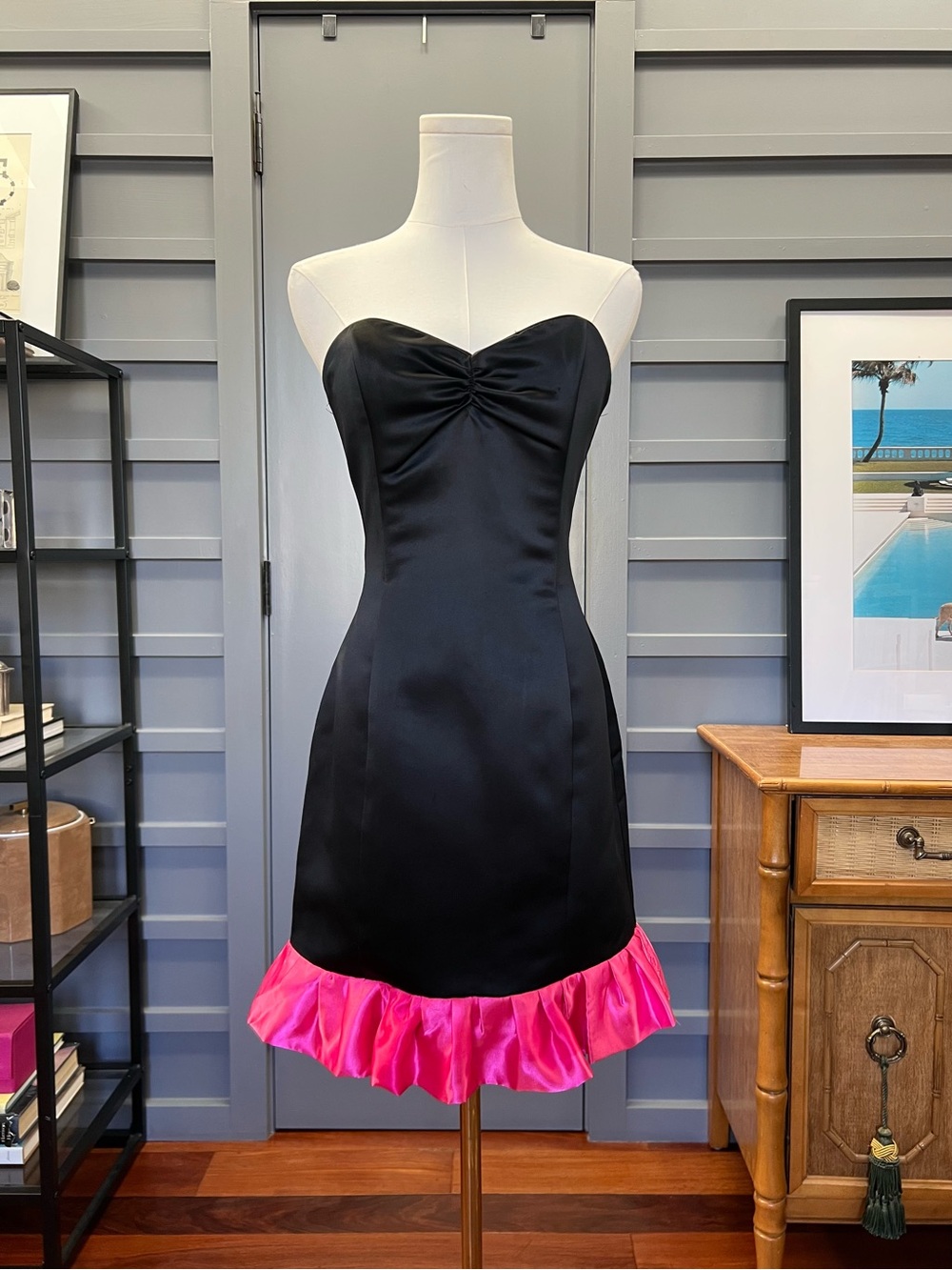 Vintage Jessica McClintock for Gunne Sax Dress, Black Satin w/ Hot Pink Ruffle